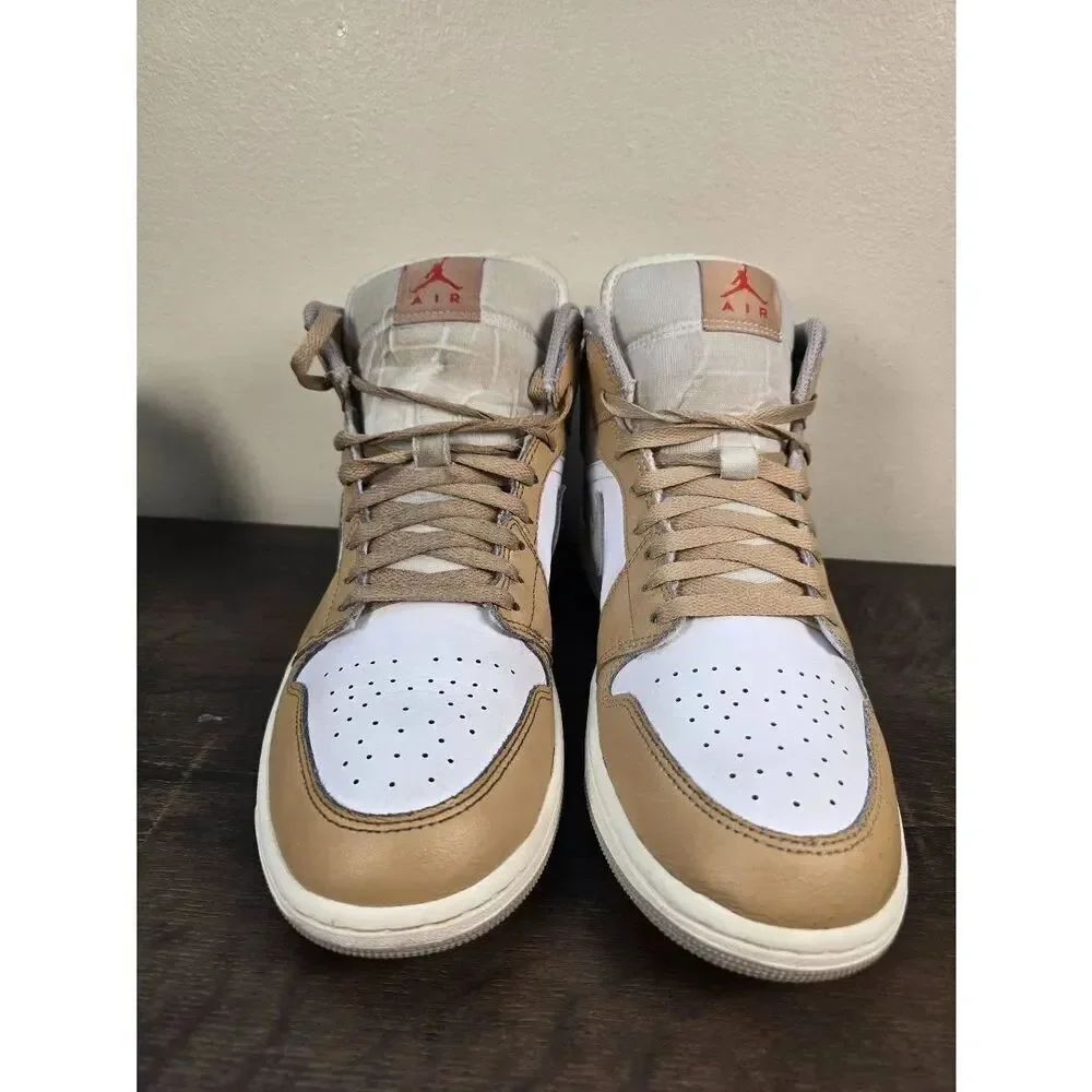 Air Jordan 1 Mid Men's Basketball Shoes Size 10.5 Tan Red